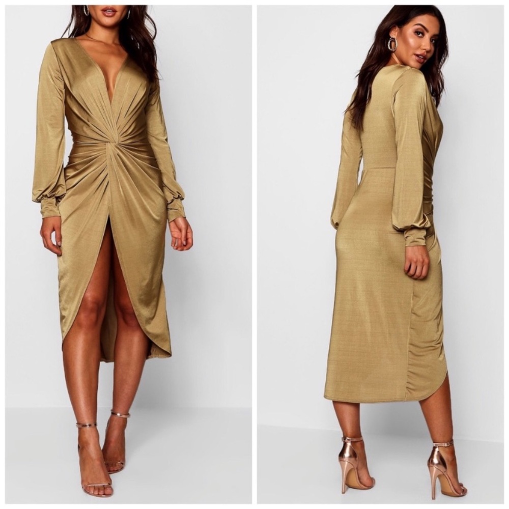 Sage Twist Front Plunge Slinky Midi Dress | NWT